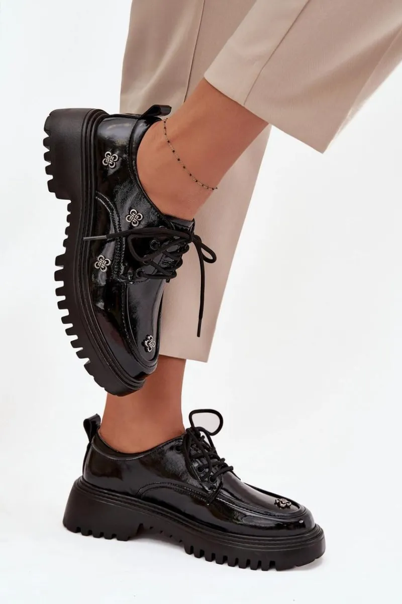 Sale Lakierowane Skórzane Półbuty Damskie Z Przypinkami 57C0333 Czarne Damskie Półbuty Lakierowane|Półbuty Skórzane