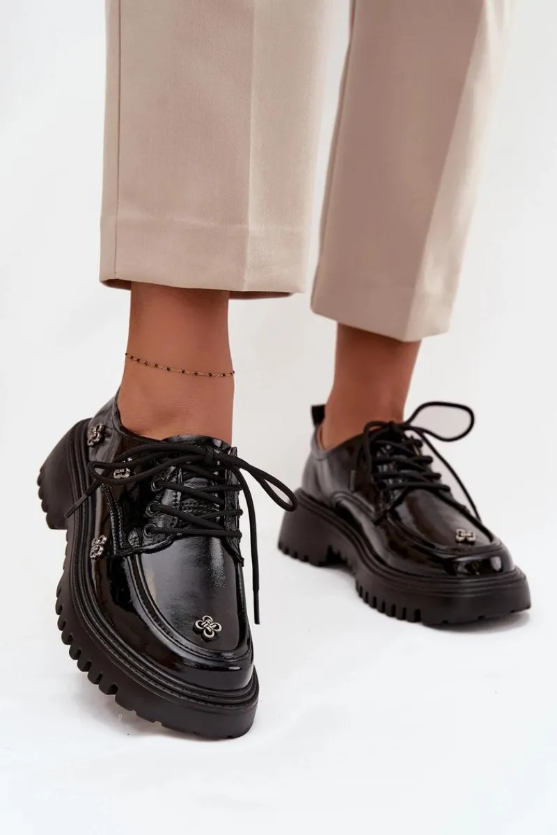 Sale Lakierowane Skórzane Półbuty Damskie Z Przypinkami 57C0333 Czarne Damskie Półbuty Lakierowane|Półbuty Skórzane