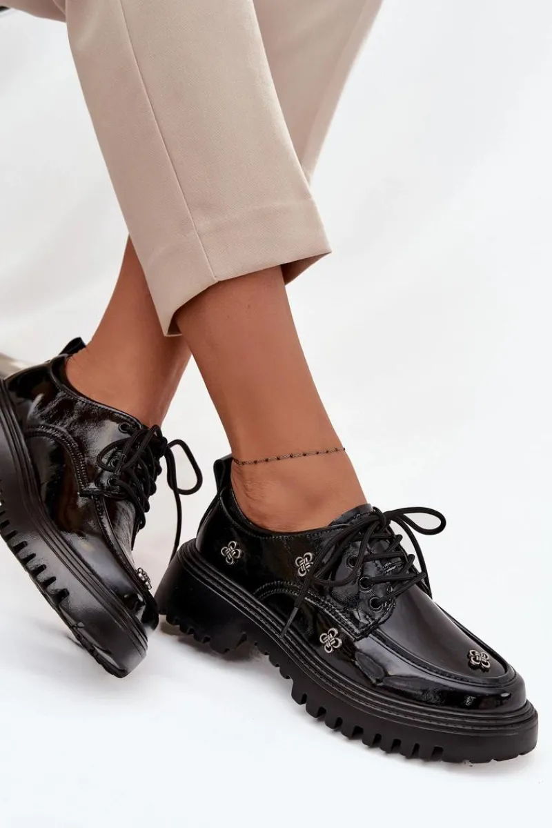 Sale Lakierowane Skórzane Półbuty Damskie Z Przypinkami 57C0333 Czarne Damskie Półbuty Lakierowane|Półbuty Skórzane