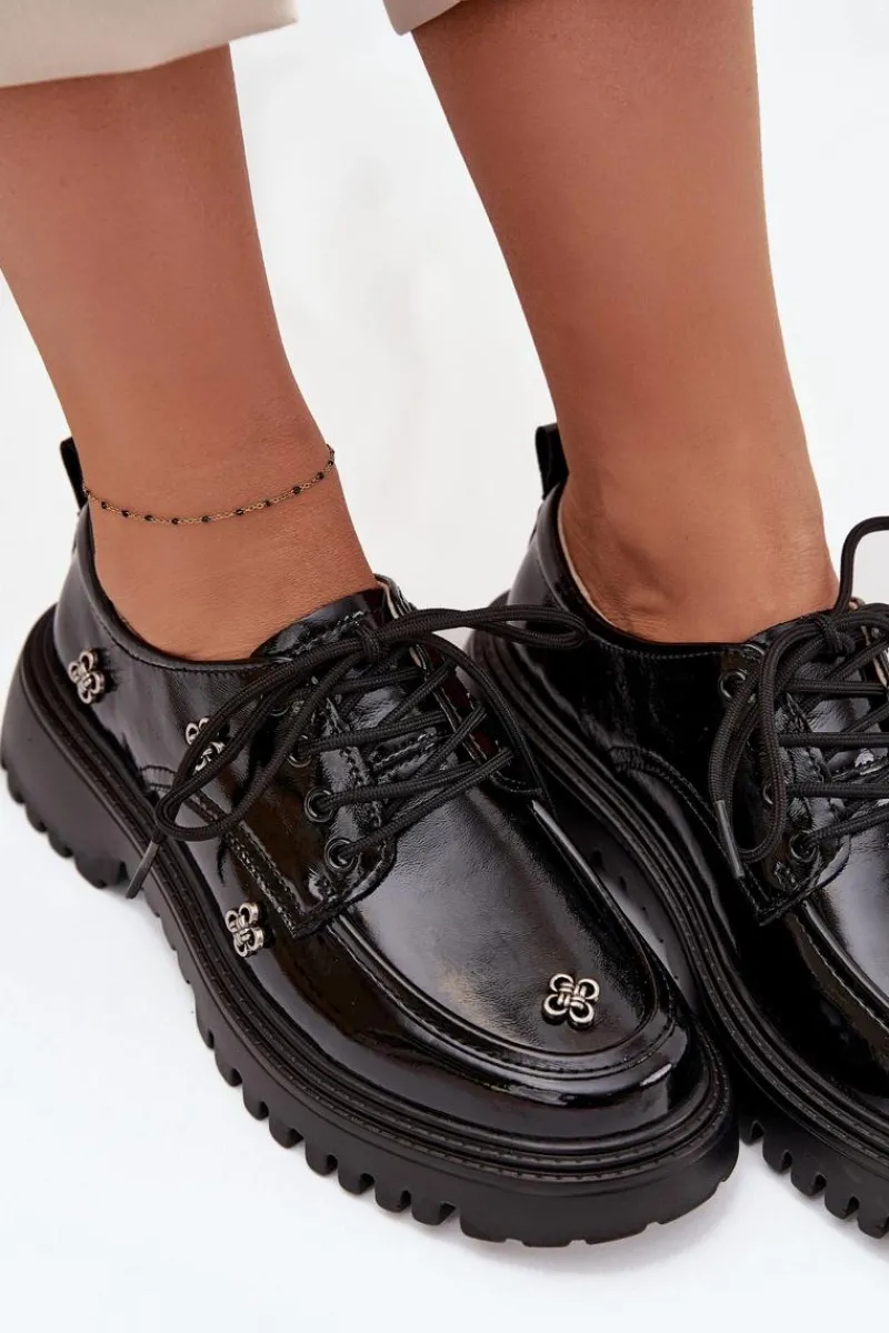 Sale Lakierowane Skórzane Półbuty Damskie Z Przypinkami 57C0333 Czarne Damskie Półbuty Lakierowane|Półbuty Skórzane