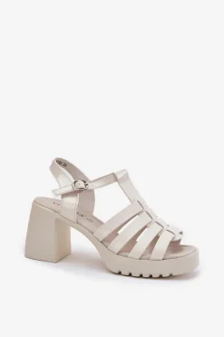 Clearance Buty damskie Vinceza Lakierowane Skórzane Sandały Damskie Na Słupku Vinceza 66621 Jasnobeżowe Beżowy