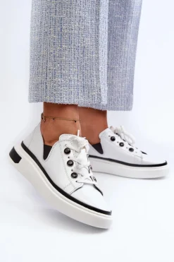 Discount Damskie buty S.Barski Lakierowane Sneakersy Damskie Skórzane D&A LR535 Białe