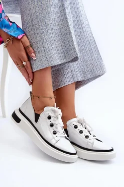 Discount Damskie buty S.Barski Lakierowane Sneakersy Damskie Skórzane D&A LR535 Białe