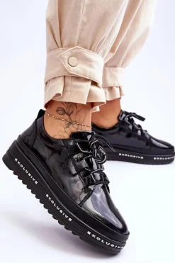 Online Lakierowane Sneakersy Damskie Na Platformie Czarne S.Barski LR592B Damskie Sneakersy Damskie