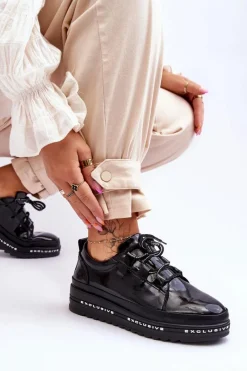 Online Lakierowane Sneakersy Damskie Na Platformie Czarne S.Barski LR592B Damskie Sneakersy Damskie