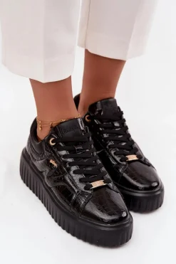 Online Lakierowane Sneakersy Damskie Na Platformie LCJ-25-09-3870 Czarne Damskie Sneakersy Damskie