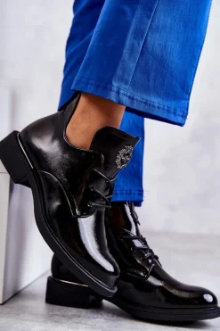 Online Buty damskie Vinceza Lakierowane Sznurowane Botki Z Wycięciami Czarne Fabiana