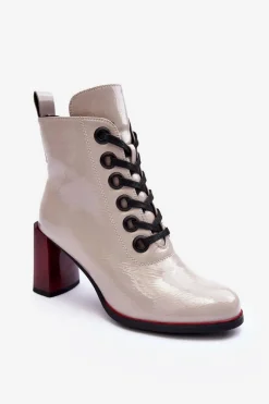 Online Lakierowane Sznurowane Botki Na Słupku S.Barski MR870-15 Jasnoszare Damskie Botki Sznurowane|Botki Na Słupku