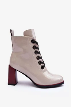 Online Lakierowane Sznurowane Botki Na Słupku S.Barski MR870-15 Jasnoszare Damskie Botki Sznurowane|Botki Na Słupku