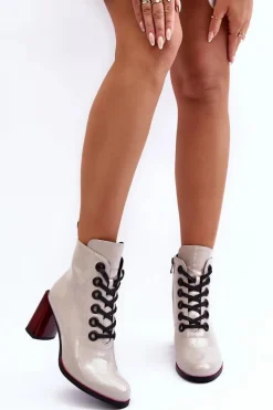 Online Lakierowane Sznurowane Botki Na Słupku S.Barski MR870-15 Jasnoszare Damskie Botki Sznurowane|Botki Na Słupku