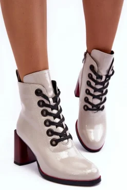 Online Lakierowane Sznurowane Botki Na Słupku S.Barski MR870-15 Jasnoszare Damskie Botki Sznurowane|Botki Na Słupku