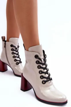 Online Lakierowane Sznurowane Botki Na Słupku S.Barski MR870-15 Jasnoszare Damskie Botki Sznurowane|Botki Na Słupku