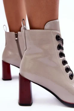 Online Lakierowane Sznurowane Botki Na Słupku S.Barski MR870-15 Jasnoszare Damskie Botki Sznurowane|Botki Na Słupku