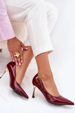 Outlet Boto Lakierowane Szpilki Ze Złotą Klamrą Bordowe Mivira Czerwony