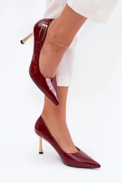 Outlet Boto Lakierowane Szpilki Ze Złotą Klamrą Bordowe Mivira Czerwony