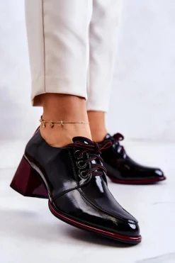 Online Damskie buty S.Barski Lakierowane Wiązane Półbuty Na Słupku Czarno-Czerwone Esmera