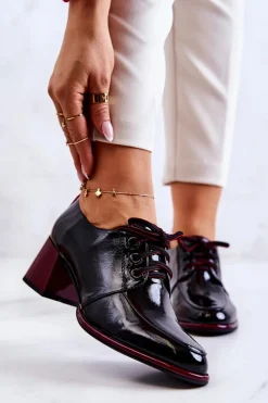 Online Damskie buty S.Barski Lakierowane Wiązane Półbuty Na Słupku Czarno-Czerwone Esmera