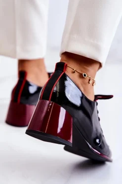 Online Damskie buty S.Barski Lakierowane Wiązane Półbuty Na Słupku Czarno-Czerwone Esmera