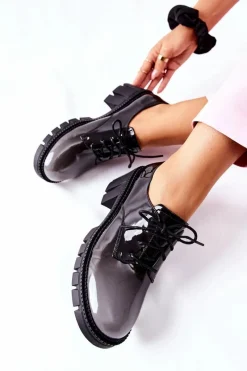 Sale Lakierowane Wiązane Półbuty Czarno-Szare Mosy Damskie Półbuty Lakierowane