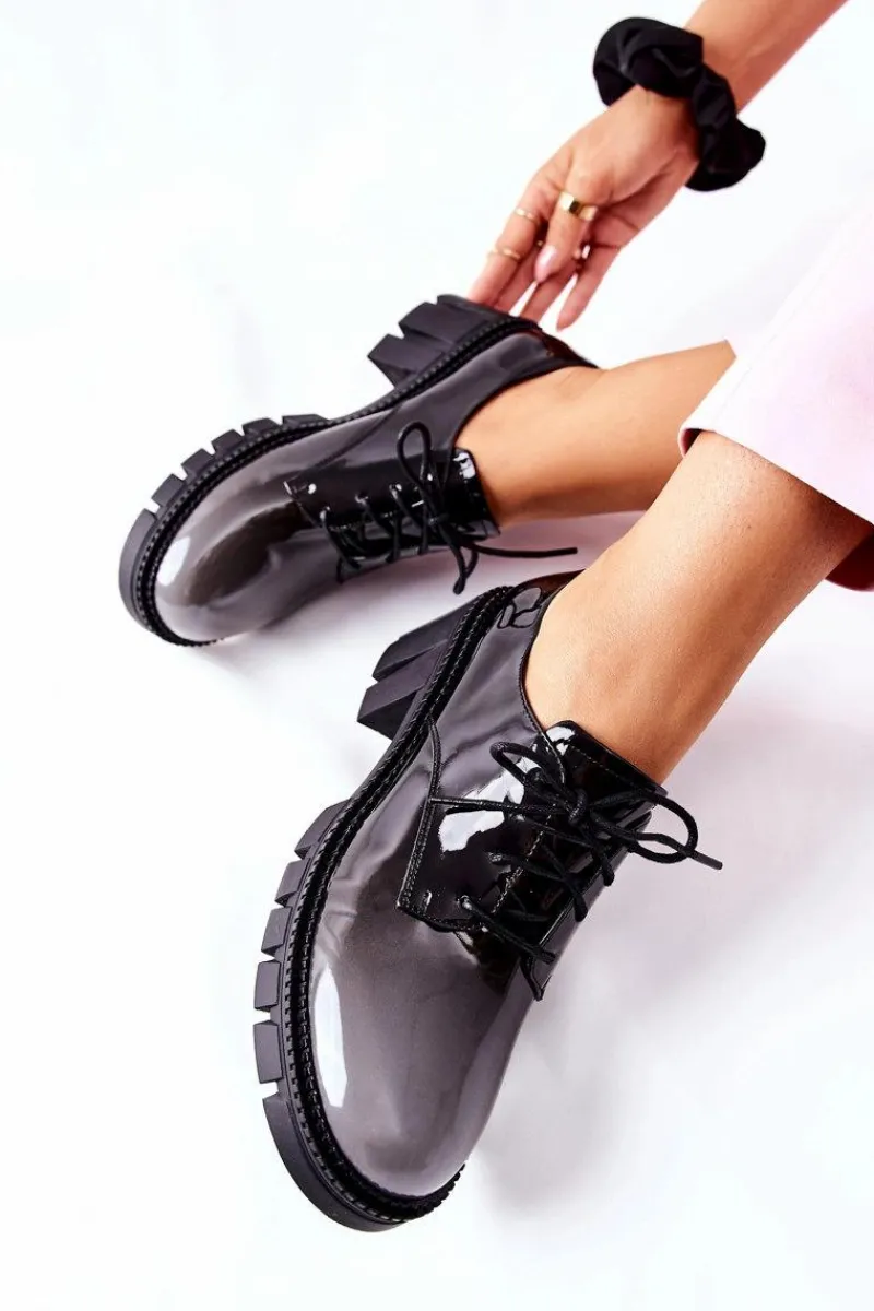 Sale Lakierowane Wiązane Półbuty Czarno-Szare Mosy Damskie Półbuty Lakierowane