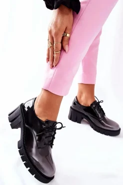 Sale Lakierowane Wiązane Półbuty Czarno-Szare Mosy Damskie Półbuty Lakierowane