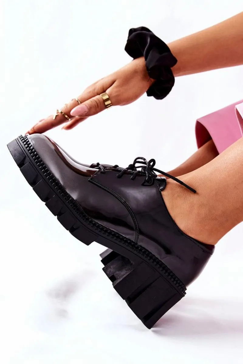 Sale Lakierowane Wiązane Półbuty Czarno-Szare Mosy Damskie Półbuty Lakierowane