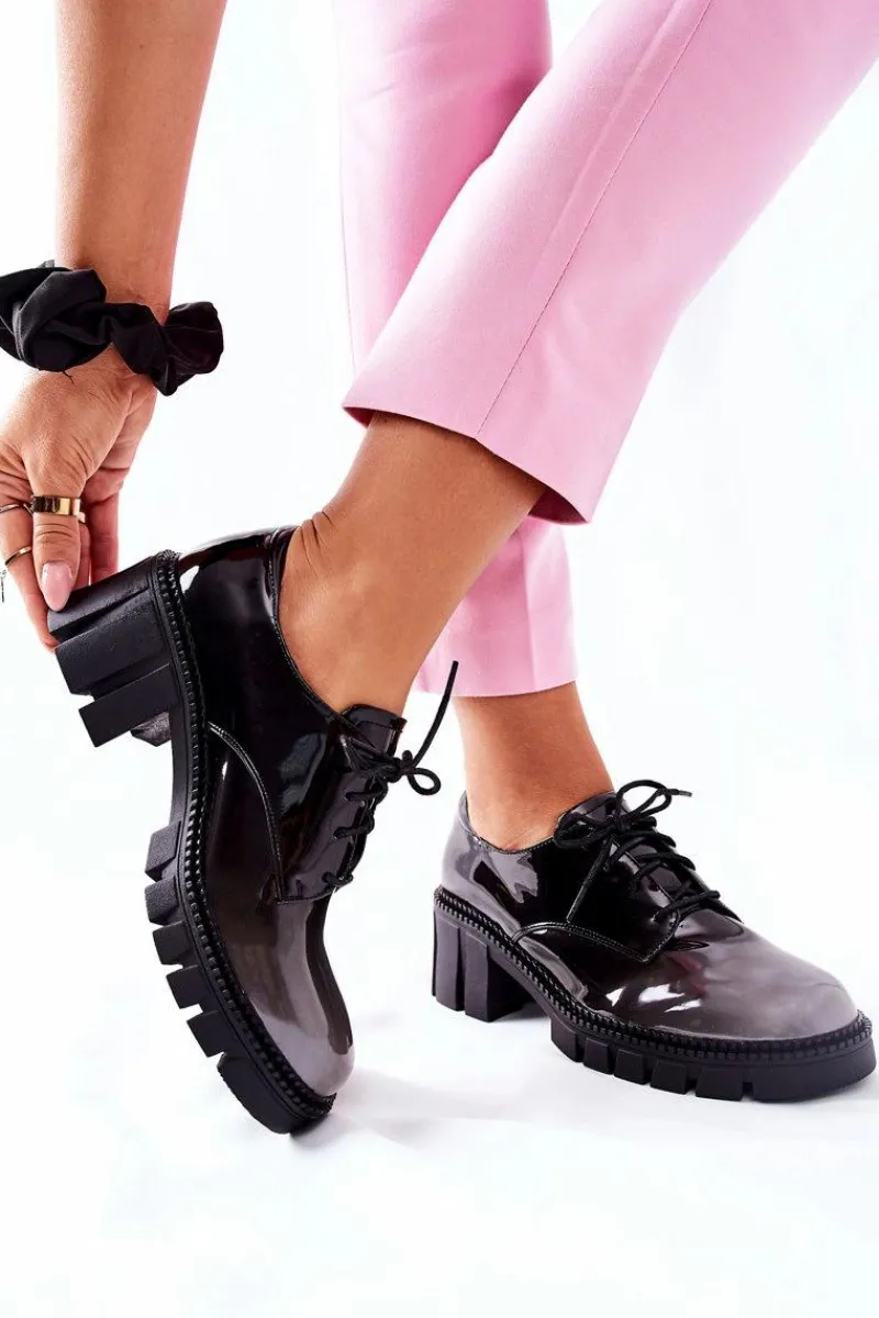 Sale Lakierowane Wiązane Półbuty Czarno-Szare Mosy Damskie Półbuty Lakierowane