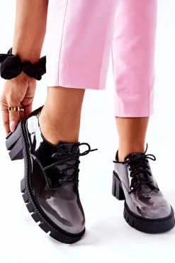 Sale Lakierowane Wiązane Półbuty Czarno-Szare Mosy Damskie Półbuty Lakierowane