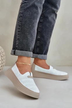 Hot Evento Lekkie Ażurowe Skórzane Mokasyny Półbuty Damskie Na Platformie I Koturnie Białe Hanthiel