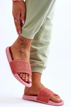 Outlet Boto Lekkie Damskie Klapki Z Napisem Różowe Merry