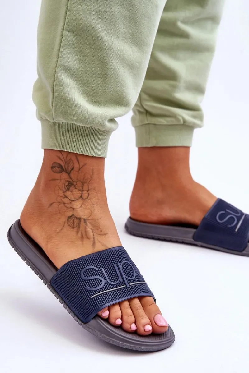 Klapki Sportowe>Boto Lekkie Damskie Klapki Z Napisem Granatowo-Szare Merry