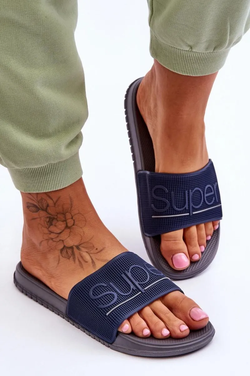 Klapki Sportowe>Boto Lekkie Damskie Klapki Z Napisem Granatowo-Szare Merry