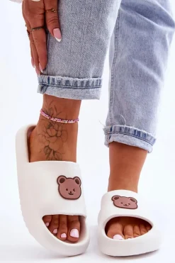 Klapki Basenowe|Klapki Damskie Klasyczne>Boto Lekkie Damskie Piankowe Klapki Z Misiem Białe Lia