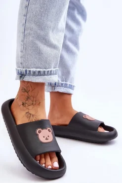 New Boto Lekkie Damskie Piankowe Klapki Z Misiem Czarne Lia