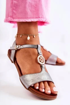 Online Lekkie Damskie Sandały Na Sprzączkę Ciemnosrebrne Carida Damskie Sandały Płaskie