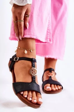 Sandały Płaskie></noscript>Damskie buty S.Barski Lekkie Damskie Sandały Na Sprzączkę Czarne Carida