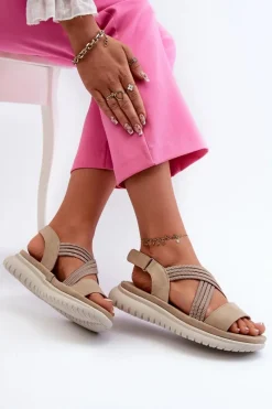 Hot Evento Lekkie Damskie Wygodne Sandały Na Rzep Beżowe Ceclea Beżowy