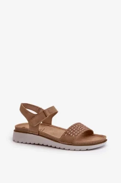 Outlet INBLU Lekkie I Wygodne Zdobione Sandały Damskie Na Rzep Ciemnobeżowe CN000039