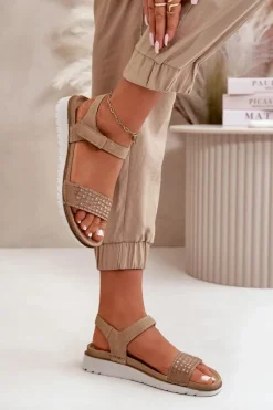 Outlet INBLU Lekkie I Wygodne Zdobione Sandały Damskie Na Rzep Ciemnobeżowe CN000039