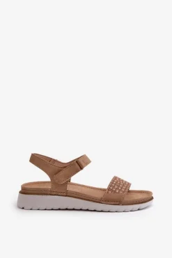 Outlet INBLU Lekkie I Wygodne Zdobione Sandały Damskie Na Rzep Ciemnobeżowe CN000039