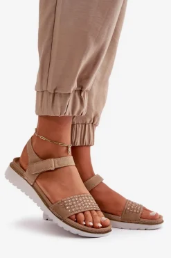 Outlet INBLU Lekkie I Wygodne Zdobione Sandały Damskie Na Rzep Ciemnobeżowe CN000039