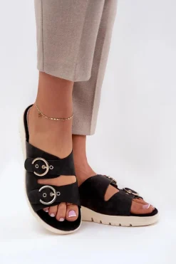 Discount Lekkie Klapki Damskie Na Koturnie Z Klamrami Czarne Hellexia Damskie Klapki Na Koturnie|Klapki Na Platformie