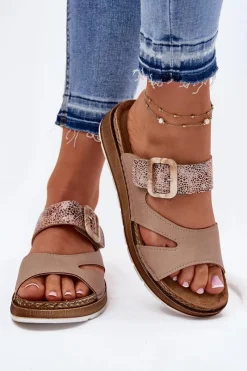 Best INBLU Lekkie Klapki Damskie Z Klamrą GS000055 Beżowe