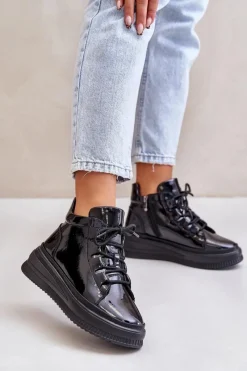 Outlet Lekkie Lakierowane Buty Sportowe Na Platformie Skóra Naturalna 55C1049 Czarne Damskie Buty Sportowe Na Platformie
