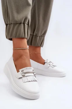 Discount Lekkie Mokasyny Damskie Skórzane Na Platformie Białe S.Barski LR590 Damskie Loafersy Damskie|Mokasyny Damskie Skórzane