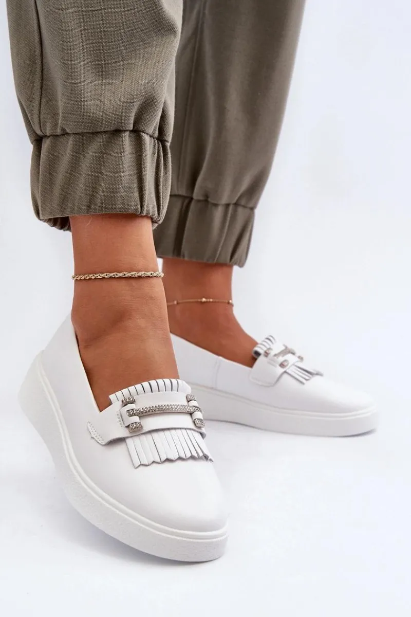 Discount Lekkie Mokasyny Damskie Skórzane Na Platformie Białe S.Barski LR590 Damskie Loafersy Damskie|Mokasyny Damskie Skórzane