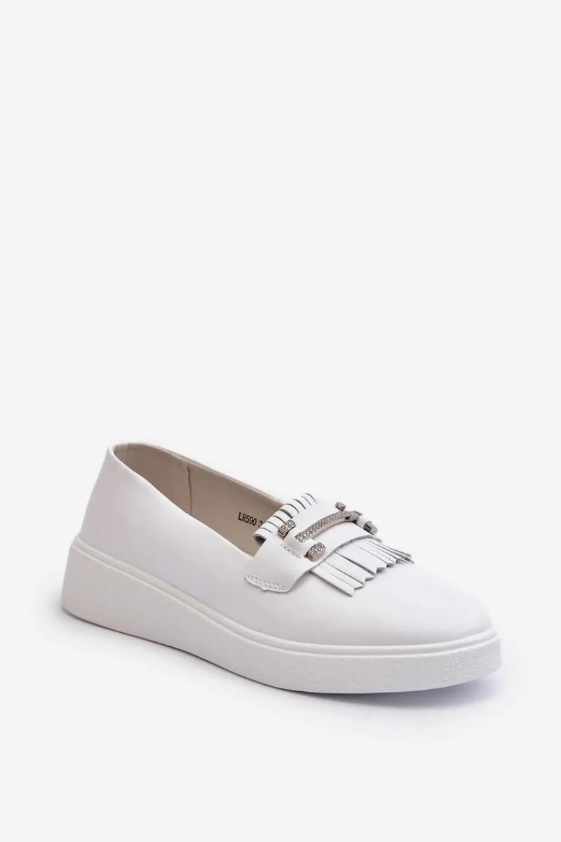 Discount Lekkie Mokasyny Damskie Skórzane Na Platformie Białe S.Barski LR590 Damskie Loafersy Damskie|Mokasyny Damskie Skórzane