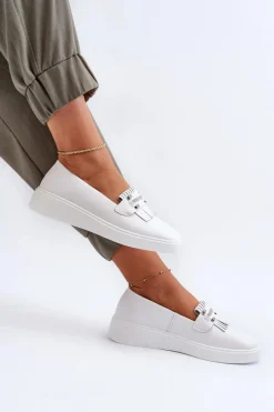 Discount Lekkie Mokasyny Damskie Skórzane Na Platformie Białe S.Barski LR590 Damskie Loafersy Damskie|Mokasyny Damskie Skórzane