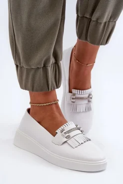 Discount Lekkie Mokasyny Damskie Skórzane Na Platformie Białe S.Barski LR590 Damskie Loafersy Damskie|Mokasyny Damskie Skórzane
