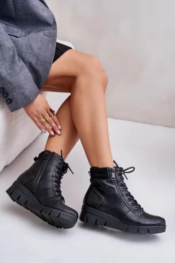 Hot Lekkie Ocieplane Botki Damskie Na Platformie I Koturnie Czarne Savindria Damskie Botki Ocieplane|Damskie Trapery
